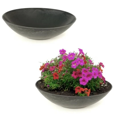 Abbildung von matches21 wetterfeste Pflanzschalen für draussen Zwei große Dekoschalen in schwarz marmoriert als Blumenschalen Flache 35 cm Garten Schalen Blumen, Bonsai oder Friedhof Grab Schmuck