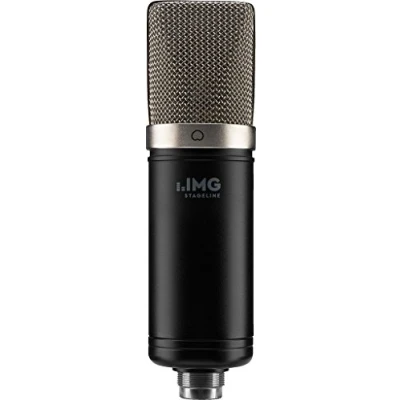 Abbildung von IMG STAGELINE ECMS 70 Großmembran Kondensator Mikrofon, Vokal und Instrumenten Mikro für den professionellen Studio Einsatz inkl. Mikrofon Halter, Adapterschraube Ledertasche, in Schwarz/Silber