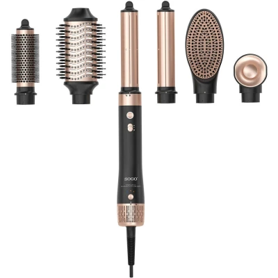 Abbildung von SOGO Airstyler, Multistyler, Haartrockner, Lockenstab, 6 in 1 Styling Tool, Temperatureinstellungen, Ionische Funktion, 1400W, Schwarz/Gold