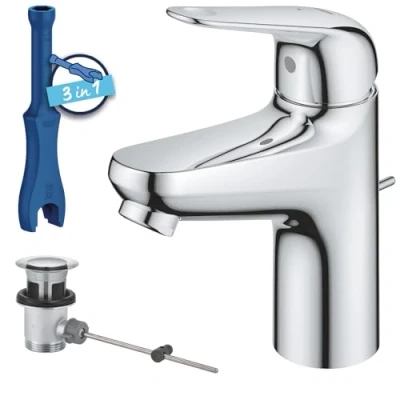 Abbildung von Grohe Swift Armatur weiß Kaltstart mit Push Open Ventil