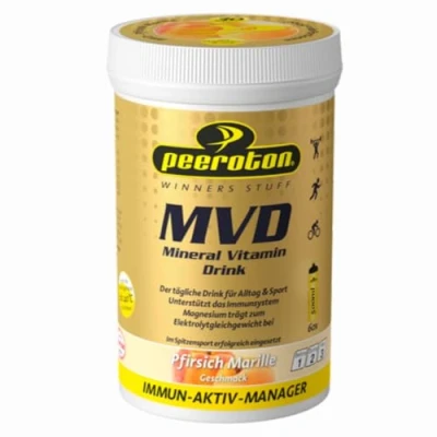 Abbildung von Peeroton MVD Mineral Vitamin Drink Pfirsich Marille, Elektrolyt Pulver mit den 5 wesentlichen Elektrolyten plus Zink, Magnesium und C regelmäßig einnehmen das Immunsystem stärken, 300g