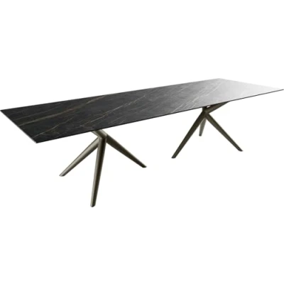 Abbildung von Esstisch Edge 300x100 Keramik Laminam®Noir Desir Braun Estelar rund Metall Effektfinish Titan