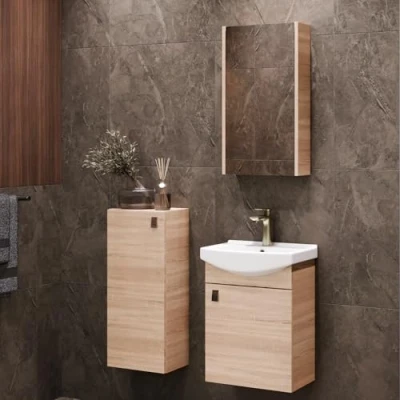 Abbildung von Planetmöbel Badset komplett aus Unterschrank 45cm mit Waschbecken, Spiegelschrank und 1x Midischrank in Sonoma Eiche, Komplettset für Badezimmer 4 teilig