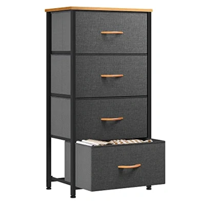 Abbildung von YITAHOME kommode Schmal, Schrank mit 4 Schubladen aus Stoff, Aufbewahrungskommode Industrial Stil für Schlafzimmer, Wohnzimmer, Kinderzimmer, Flur, Dunkelgrau Aufbewahrungsschrank