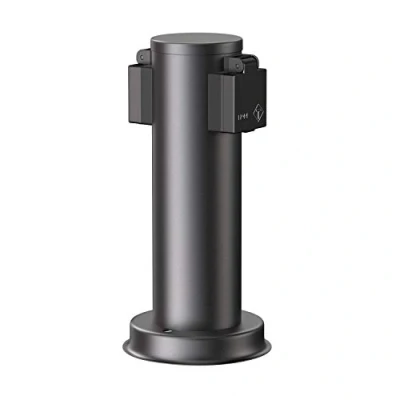 Abbildung von ledscom.de Garten Steckdosensäule PORU für außen, IP44, 2 Fach, Edelstahl, schwarz, rund, 27 cm, Außensteckdose, Gartensteckdose, Steckdosenturm, Außensteckerdose, Energiesäule