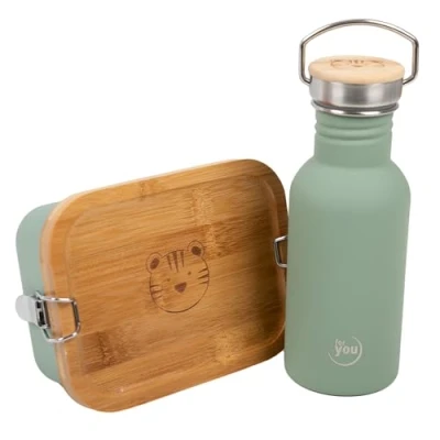 Abbildung von Lunch Set für Kinder Pausenbox mit Trinkflasche 500ml aus Edelstahl, auslaufsicher &amp; BPA frei, Brotdose Trennwand Ideal Schule Freizeit, Mint Flasche + Box, leicht zu reinigen