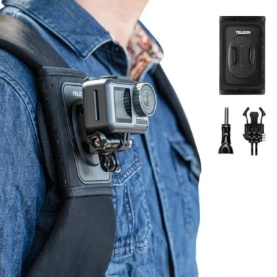Abbildung von TELESIN Rucksack Schultergurt Halterung für GoPro Hero 13/12/11/10/9/8/7/6/5/Mini/Max, DJI OSMO Action, Insta360,mit Verstellbarem Schulterpolster und J Haken, Gurthalter Befestigungssystem, Zubehör