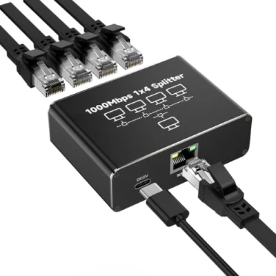 Abbildung von GlasFlength LAN Splitter 1 Auf 4 1000Mbps Ethernet Splitter, Switch Port Mit Type C Netzkabel Gigabit Stromkabel für Computer Hubs Switches Router Set Top Box Digital TV et