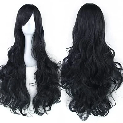 Abbildung von IMISSU 80cm langes lockiges Naturhaar Cosplay Perücke mit Pony Buntes Halloween Kostüm Party Perücken für Frauen (Schwarz)