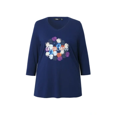 Abbildung von Ulla Popken Casual MOOD Floral Vneck Langarmshirt, Damen, Größe: 42/44, Inky blue