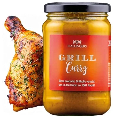 Abbildung von Hallingers Grill Curry Feinste Sauce, handgemacht (Glas) Adventskalender Neuheiten &amp; befüllen Geburtstag Glückwunsch Neues Zuhause Danke Freundschaft Genesung