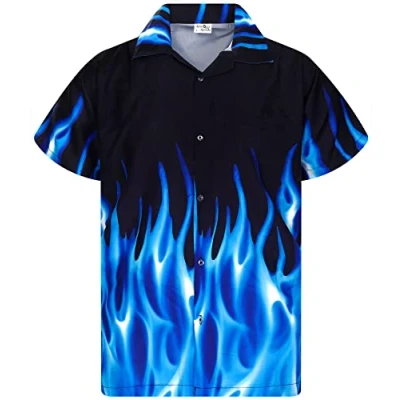 Abbildung von King Kameha Funky Hawaii Hemd, Herren, Kurzarm, Flames, Blau, XS