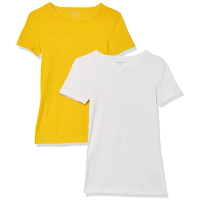 Abbildung von Amazon Essentials Damen Kurzärmeliges T Shirt mit Rundhalsausschnitt, Schmale Passform, 2er Pack, Weiß/Gold, XS