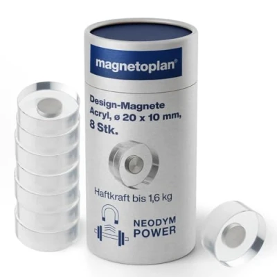 Abbildung von magnetoplan Design Magnete, transparent ØxH 20x10mm 8 Stück, Extreme Haftkraft von 1,6kg durch Neodym Magnethalter Für Kühlschrank, Whiteboard, Magnettafel