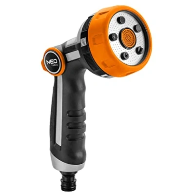 Abbildung von NEO TOOLS Gartenbrause, 5 Funktionen Handbrause Multi Gartenspritze mit Ergonomischer Griff, Metallscheibe Orange, Schwarz Wasserspritze für Garten, Regulierung der Wasserstrahlstärke