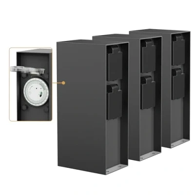 Abbildung von ledscom.de 3 Stück Garten Steckdosensäule POMI für außen, IP44, Timer/Zeitschaltuhr, 2 Fach, Edelstahl, anthrazit, eckig, 23 cm
