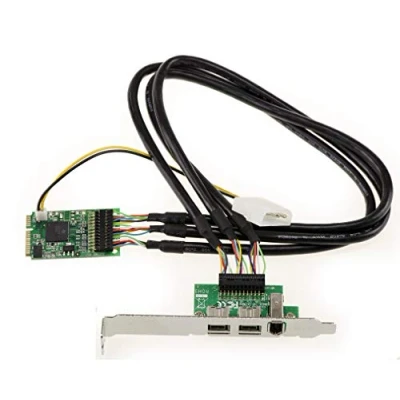 Abbildung von KALEA INFORMATIQUE Mini PCIe Firewire 800 und 400 IEEE1394A IEEE1394B Controller Karte auf mPCIe Port mit 2+1 Ausgängen TI Chipsatz.