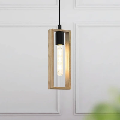 Abbildung von EGLO Pendellampe Littleton, Vintage Pendelleuchte im Industrial Design, Retro Hängelampe aus Stahl und Holz, Farbe Schwarz, braun, Fassung E27, FSC zertifiziert