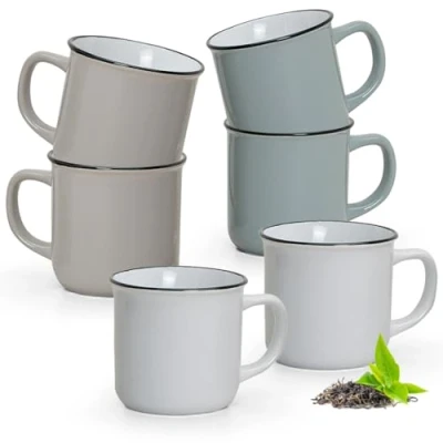 Abbildung von matches21 HOME &amp; HOBBY Tasse Kaffeebecher 6er Set Emaille Optik einfarbig Vintage, Keramik, Tee Kaffee Becher, modern, beige braun weiss grau, 240 ml