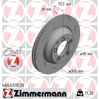 Abbildung von ZIMMERMANN 460.4519.20 Bremsscheibe 365 28 8/5 5 130 innenbelüftet, geschlitzt beschichtet PORSCHE: Panamera, Panamera Sport Turismo