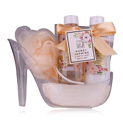 Abbildung von Accentra Duschset Frauen Geschenkset HONEY JASMINE in wunderschönem Pumps 3 teiliges Pflegeset mit Duschgel, Bodylotion und Badeschwamm Wellness Geschenk Set zum Geburtstag, Valentinstag