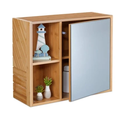 Abbildung von Relaxdays Spiegelschrank, 2 offene Fächer, mit Spiegeltür, H x B T: 45 54,5 20 cm, Badezimmer Hängeschrank, Natur, MDF
