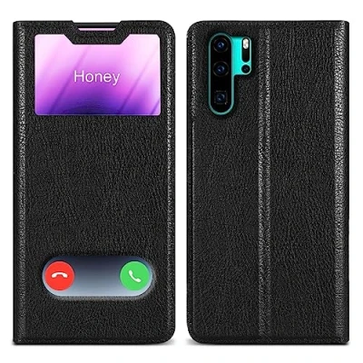 Abbildung von Cadorabo Hülle kompatibel mit Huawei P30 PRO in KOMETEN SCHWARZ Schutzhülle Magnetverschluss, Standfunktion und 2 Sichtfenstern