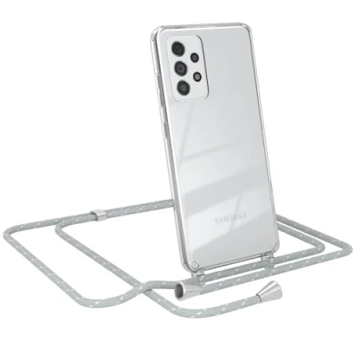 Abbildung von EAZY CASE Handy Chain kompatibel mit Samsung Galaxy A52 / 5G, Handykette Tasche transparent, Stoßfeste Soft Silikon TPU, Kette Hülle für Smartphone, Grau/Weiß Verschlüssen in Silber