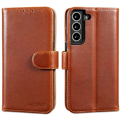 Abbildung von LENSUN Echtleder Hülle für Samsung Galaxy S22, Handyhülle [Echtes Leder] [Kickstand] [RFID Schutz] Lederhülle Handytasche Etui S22 5G Dunkelbraun