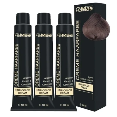 Abbildung von FemMas Haarfarbe 3x Mittelblond Kühle Kastanie 7.91 I Professionelle Creme mit Arganöl, Keratin &amp; Ceramiden dauerthafte Haarfärbung oder Tönung für strahlende Farbergebnisse 100 ml