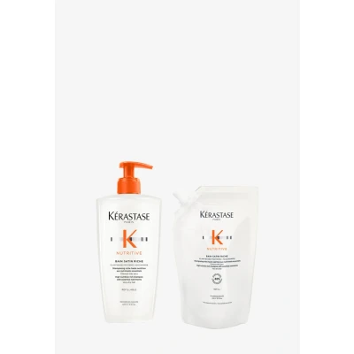 Abbildung von Kérastase Nutritive Bain Satin Riche Nachfüllset, Feuchtigkeitsspendendes Haarbad bei sehr trockenem Haar, Enthält: 500 ml im Pumpspender sowie Nachfüllpackung