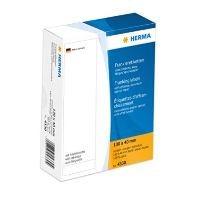 Abbildung von HERMA 4330 Frankieretiketten für Frankiermaschinen, 130 x 40 mm, 500 Stück, selbstklebend, matt, einzeln, Papier Frankier Etiketten Klebeetiketten Aufkleber mit Abziehlasche, weiß