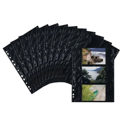 Abbildung von HERMA 7784 Fotohüllen für Ordner, 10 Stück, 9x13 cm quer, 3 Fächer geteilt, beidseitig bestückbare Fotophan Fotosichthüllen Sammelhüllen Postkartenhüllen Prospekthüllen mit Eurolochung, schwarz