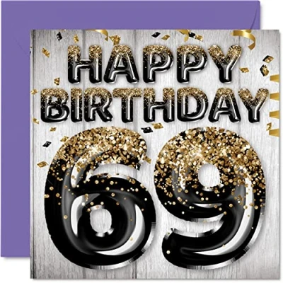 Abbildung von Geburtstagskarte zum 69. Geburtstag für Männer schwarze und goldene Glitzerballons Happy Karten 69 Jahre alten Mann Papa Opa Onkel 145 mm x 60 Geburtstagskarten Geschenk