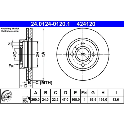 Abbildung von ATE 24.0124 0120.1 Bremsscheibe 260,0 24,0 4 108,0 Belüftet beschichtet FORD: MONDEO 2, 1 Kombi, 2 Stufenheck