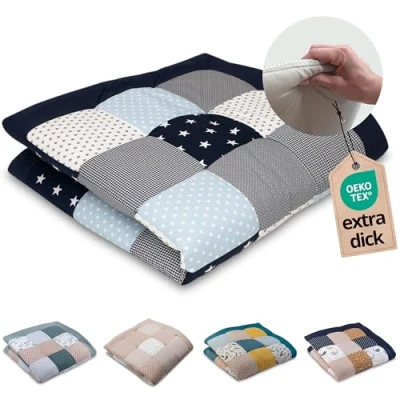 Abbildung von ULLENBOOM Krabbeldecke für Baby 140x140 cm, 100% OEKO TEX Materialien, Made in EU, Dick &amp; weich gepolstert, Blau Hellblau Grau ideal als Babydecke, Krabbelmatte Spieldecke