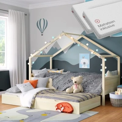 Abbildung von Bellabino Bela Hausbett 90x200 cm für Kinder mit Gästebett &amp; Rausfallschutz, Kinderbett, Kleinkinderbett und Jugendbett Natur unbehandelt aus Massivholz inkl. Lattenrost 2 Matratzen