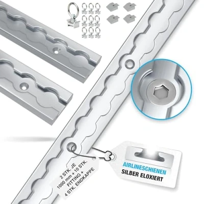 Abbildung von 2 Stück je 1 m Airlineschiene eckig mit Bohrungen Alu 1000mm inkl 10 Fitting, einfach + 4 Endkappe Ladungssicherung für LKWs und Wohnmobile Gebohrte Zurrschiene eloxiert