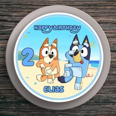 Abbildung von Tortenaufleger Geburtstag Bluey #3 Name &amp; Zahl (20cm) Fondant Papier