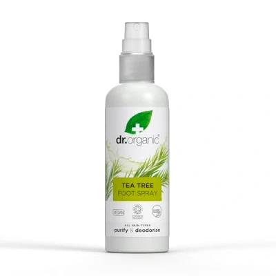 Abbildung von Dr Organic Teebaum Fußspray, Desodorierend, Reinigend, Schnelltrocknend, Aluminiumfrei, mit natürlichem Pfefferminzöl, Vegan, Tierversuchsfrei, Paraben &amp; SLS frei, Zertifiziert Bio, 100ml