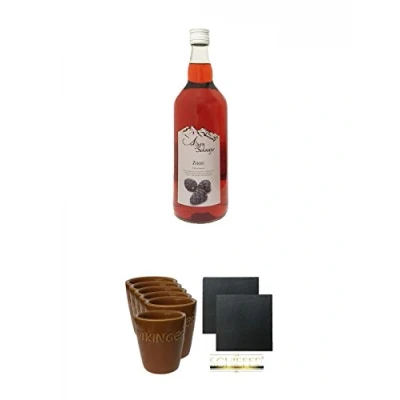 Abbildung von Alpenschnaps Zirbe Zirbenliqueur 1,0 Liter + Wikinger Met Tonbecher 6er Set Schiefer Glasuntersetzer eckig ca. 9,5 cm Ø 2 Stück