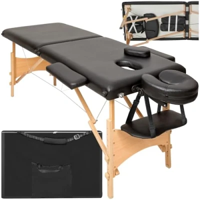 Abbildung von tectake Massageliege 2 Zonen, klappbar, Massagetisch tragbar mit 5cm Polsterung, höhenverstellbare, Mobile Massageliege, Massagebank Holzfüßen und Zubehör Tragetasche schwarz