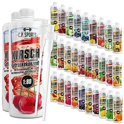 Abbildung von C.P. Sports Getränkesirup für Mineraldrink I Sirup zuckerfrei Vital Drink KIRSCHE mit Vitaminen Getränkekonzentrat zum Mischen Wasser Sport Getränk 2 Liter + Pumpspender