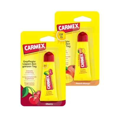 Abbildung von Carmex Peach Mango und Kirsche Tube Lippenpflege für trockene Lippen, Lippenbalsam feuchtigkeitsspendend beruhigend rissige mit Vaseline, Vitamin E Bienenwachs (2 x 10 g)