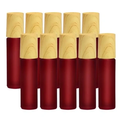 Abbildung von Enenes Ätherische Öle Roller Flaschen 10 Stück 10ml Anti UV Schwarzglasflaschen mit Holzdeckel &amp; Edelstahl Ball Öle(Rot)