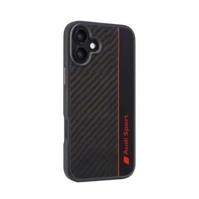 Abbildung von Audi Sport Handyhülle Kompatibel mit iPhone 16 Plus Stoßabsorbierende Hülle Carbon präzisen Aussparungen für Kamera, Anschlüssen &amp; Tasten Schwarz roten Details