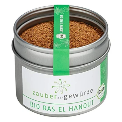 Abbildung von Zauber der Gewürze Bio Ras el hanout Gewürz für marokkanische und orientalische Gerichte mit Fleisch, Fisch, Gemüse, Tajine, Couscous, Top Qualität in wiederverschließbarer Aroma Dose, 50 g