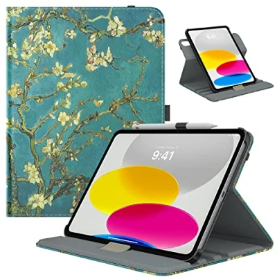 Abbildung von TiMOVO Hülle Kompatibel mit iPad 10 Generation 10,9 Zoll 2022, Hülle, 90 Drehbar PU Schutzhülle, Smart Case Standfunktion &amp; Stift Schleife für Gen, Aprikose Blume