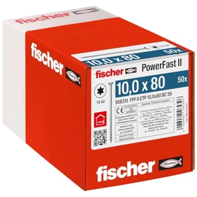 Abbildung von fischer PowerFast II CTP 10,0 x 80, kraftvolle Holzbauschraube mit Senkkopf, Innenstern Aufnahme und Teilgewinde, für den konstruktiven Holzbau, 50 Stk.