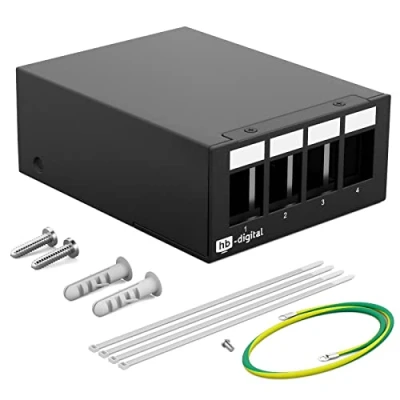 Abbildung von hb digital 4 Port Patchpanel Gehäuse für Keystone Module: RJ45 Buchse, RJ11 Socket, IEC Stecker/Buchse, F Verbinder, USB C A BF/AF, HDMI, Polklemme Gewindebuchse BNZ, RCA Verbinder SCHWARZ